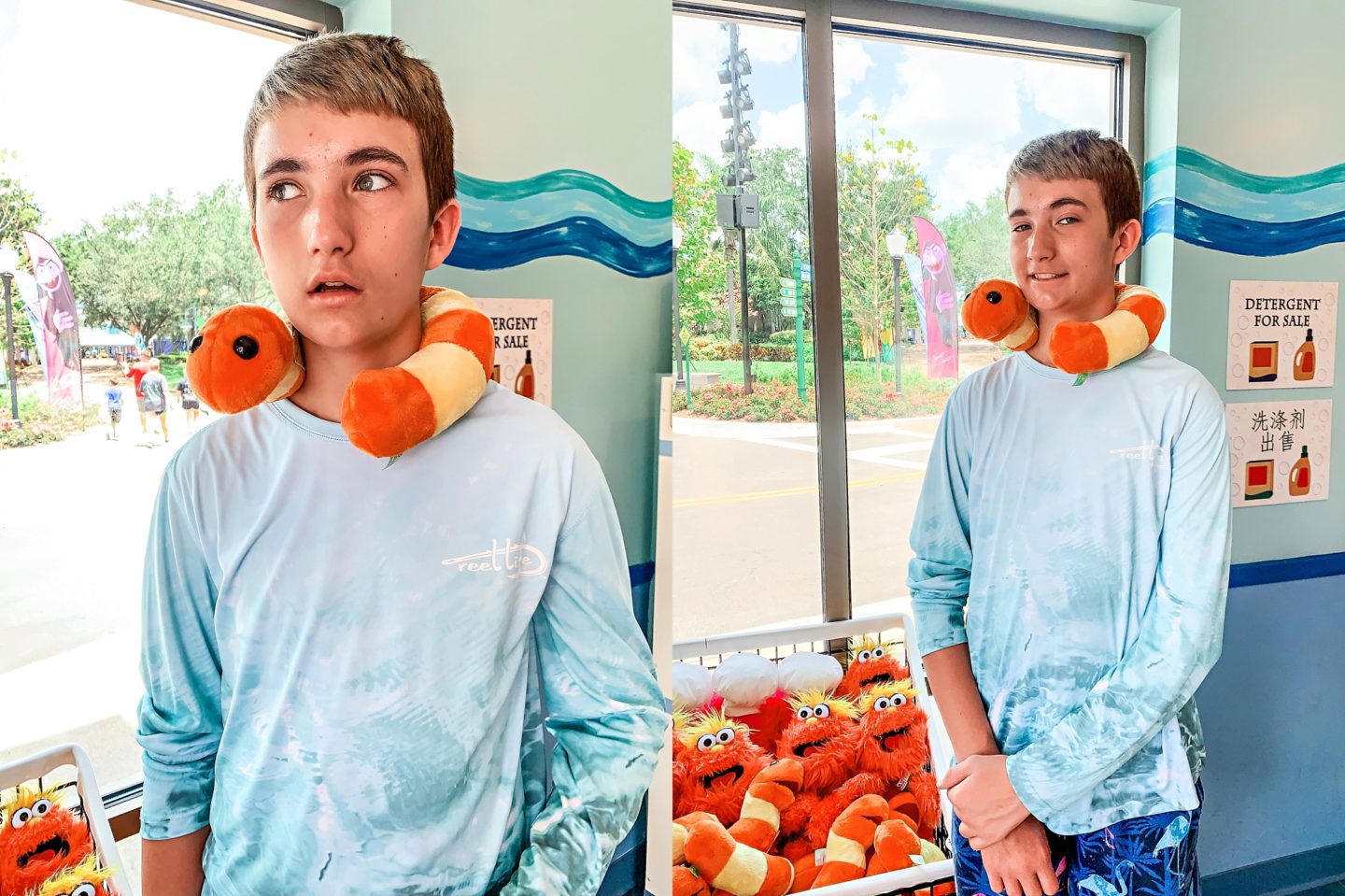 Best Things to Do in Orlando with Teenagers: Visit SeaWorld for Rollercoasters & Sesame Street, featured by top US travel blogger, Chelissima | Things to do in Orlando by popular Atlanta travel blog: image of a teenage boy wearing a Sesame Street Slimy toy around his neck. 