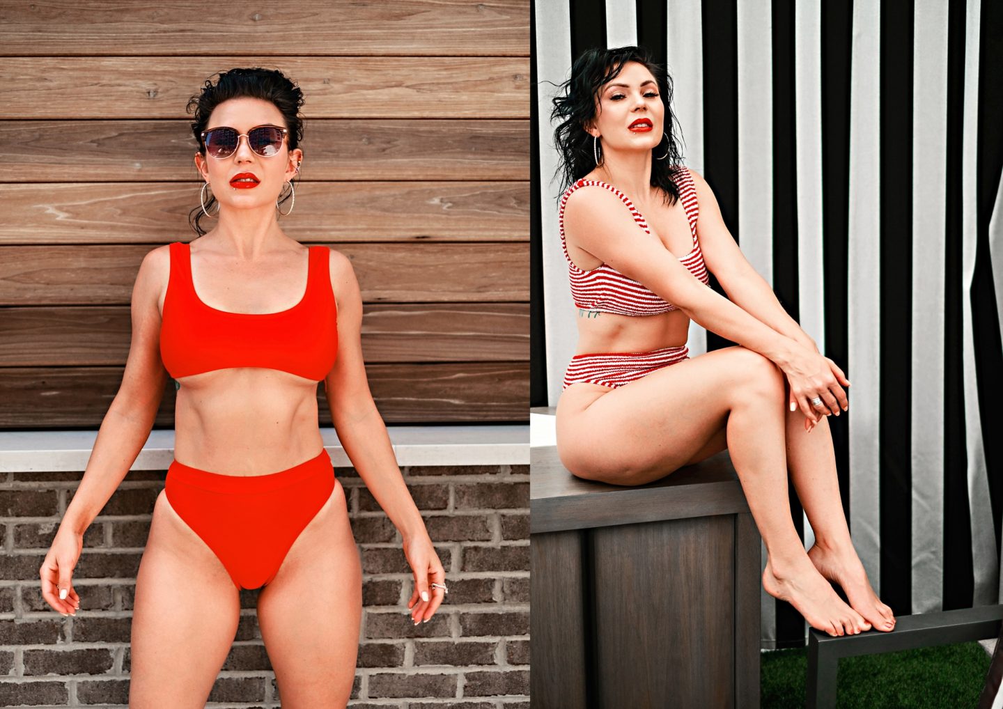 Swimsuit Styles by popular Atlanta fashion blog, Chelissima: image of a woman wearing a red and white strip two piece swimsuit and a ASOS Missguided mix and match scoop neck crop bikini top in red. 