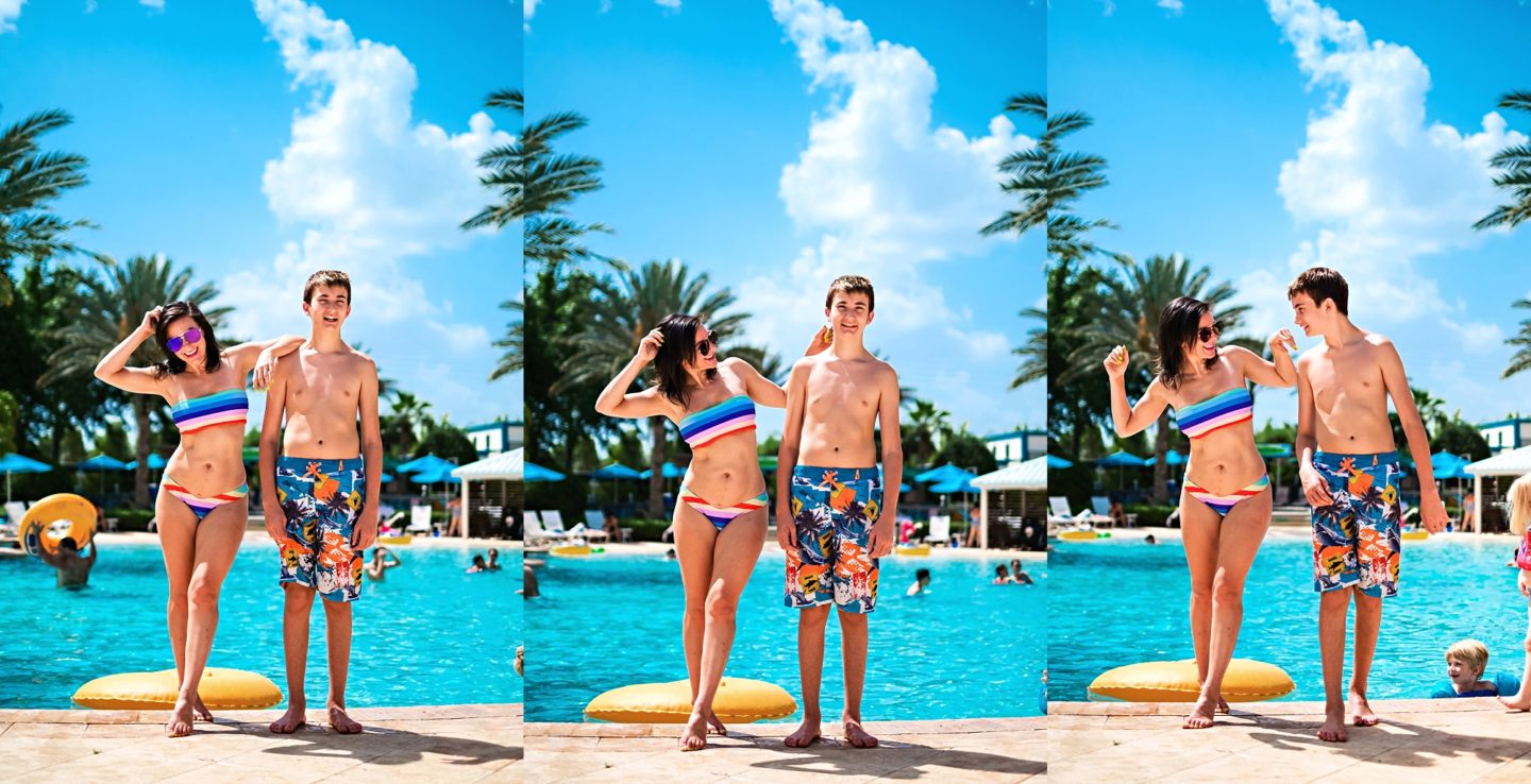 Reunion Resort by popular Atlanta travel blog, Chelissima: image of Chelsea Patricia standing by the Reunion Resort pool with her oldest son. 