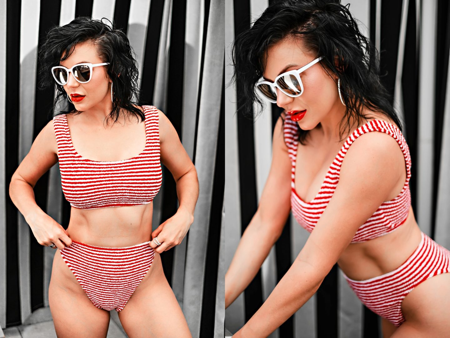 Swimsuit Styles by popular Atlanta fashion blog, Chelissima: image of a woman wearing a red and white strip two piece swimsuit. 