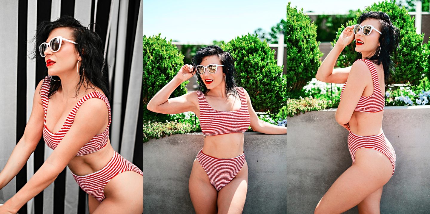 Swimsuit Styles by popular Atlanta fashion blog, Chelissima: image of a woman wearing a red and white strip two piece swimsuit. 