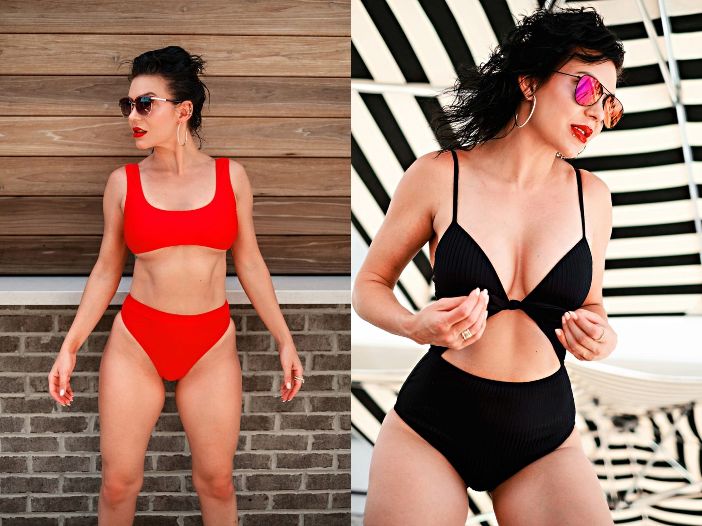 Swimsuit Styles by popular Atlanta fashion blog, Chelissima: image of a woman wearing a ASOS Missguided mix and match scoop neck crop bikini top in red and a Target Women's Shore Light Lift Ribbed Tie-Front Cut Out One Piece Swimsuit.