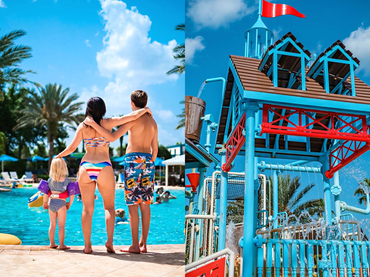Reunion Resort by popular Atlanta travel blog, Chelissima: image of Chelsea Patricia standing by the Reunion Resort pool with two of her kids. 