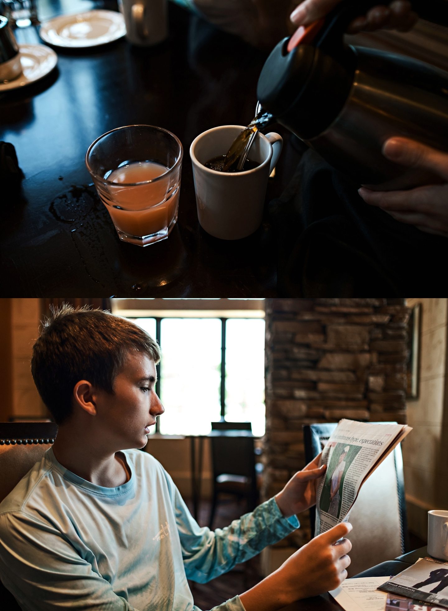 Reunion Resort by popular Atlanta travel blog, Chelissima: image of coffee being poured at Reunion Resort and a boy reading a newspaper. 
